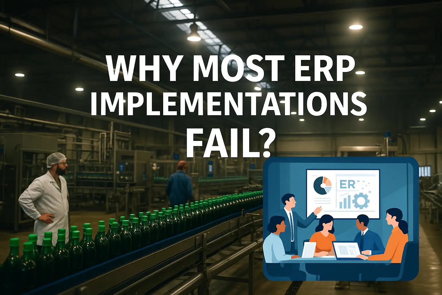 Business team struggling with ERP implementation challenges — symbolizing failure due to process gaps, people issues, and poor change management