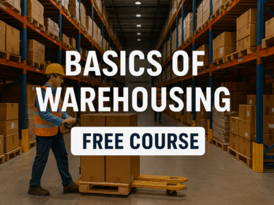Worker in safety gear moving boxes on a pallet jack inside a large warehouse with tall racks, overlaid text reading "Basics of Warehousing – Free Course.