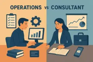 Illustration comparing supply chain career paths: operations, consulting, and ERP consulting with icons of warehouse, strategy board, and ERP software.