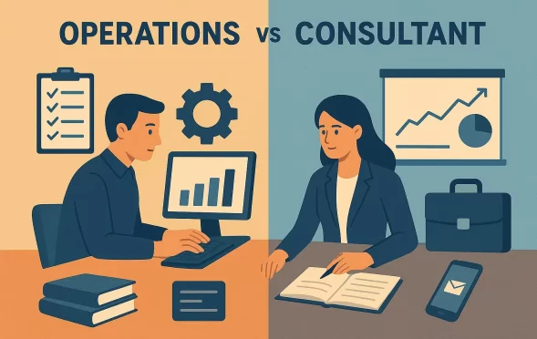Illustration comparing supply chain career paths: operations, consulting, and ERP consulting with icons of warehouse, strategy board, and ERP software.