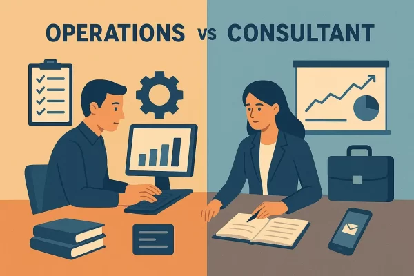 Illustration comparing supply chain career paths: operations, consulting, and ERP consulting with icons of warehouse, strategy board, and ERP software.