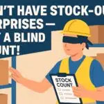 Illustration showing warehouse workers performing stock count and cycle count with clipboards, shelves, and inventory bins — representing warehouse inventory accuracy.