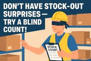 Illustration showing warehouse workers performing stock count and cycle count with clipboards, shelves, and inventory bins — representing warehouse inventory accuracy.